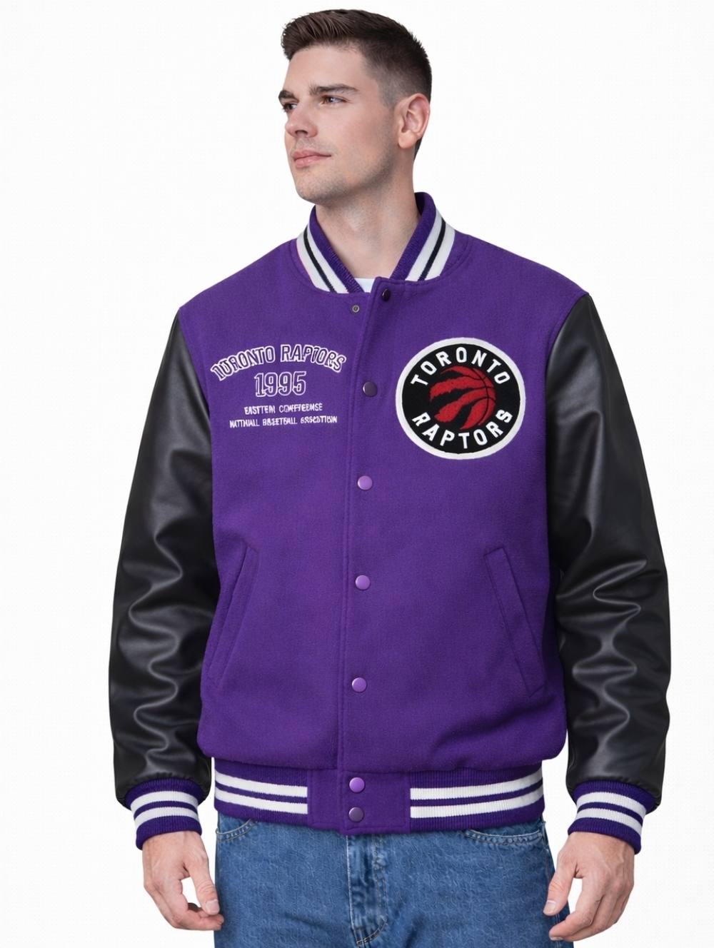 Toronto Raptors 1995 Varsity Jacket NBA Purple Leather Sleeve Wool Bomber Small